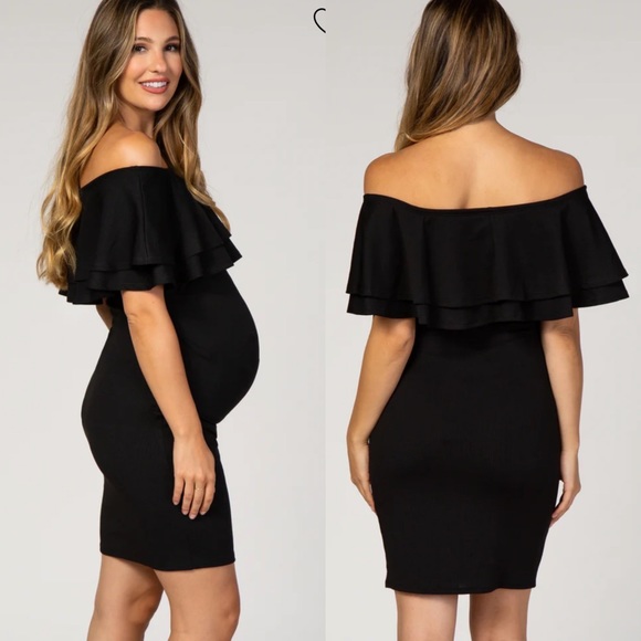 Pinkblush Black Off Shoulder Ruched Ruffle Layered Maternity Mini Dress - Picture 2 of 11
